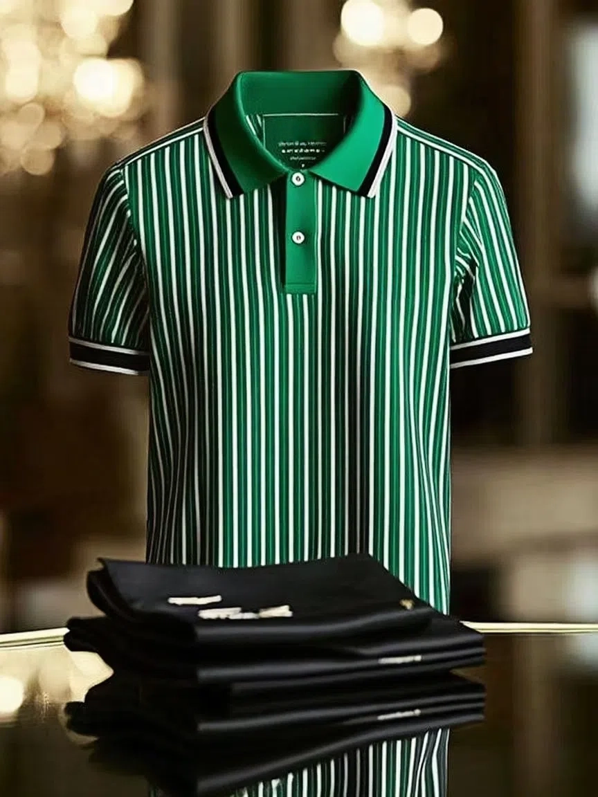 Men's Striped Business Lapel Short Sleeve Polo Shirt