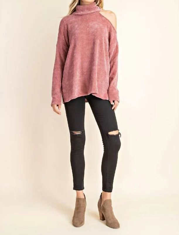 Cold Shoulder Turtleneck Sweater In Mauve