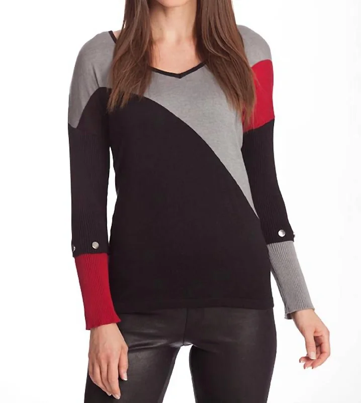 Color Block V-Neck Sweater In Black Multi