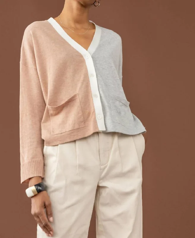 Color Blocked Pocket Cardigan Sweater In Heather Grey/truffle