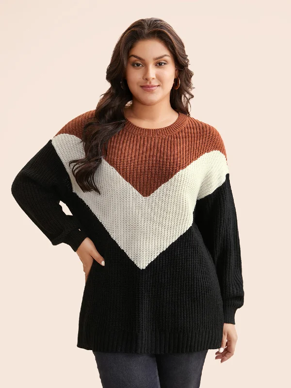 Colorblock Contrast Lantern Sleeve Pullover