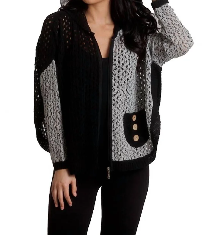 Crochet Button Hoodie Poncho In Black/white