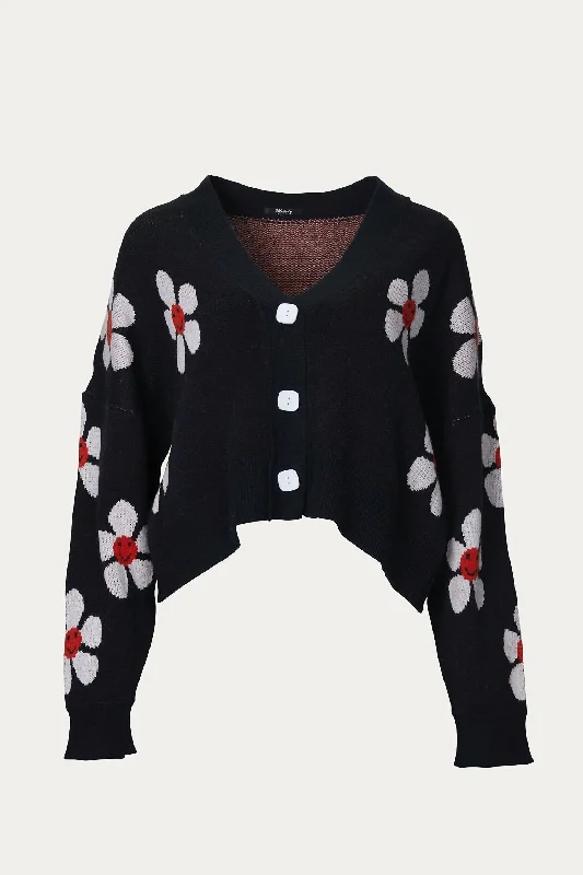 Cropped Retro Floral Cardigan In Black