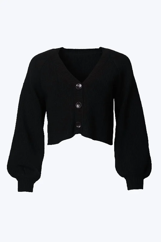 Cropped Slouchy Ribbed-Knit Cardigan In Black