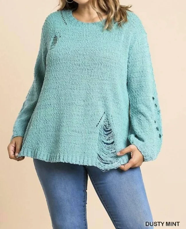 Distressed Plus Sweater In Dusty Mint