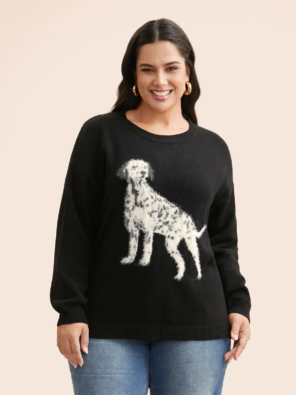 Dog Jacquard Fluffy Drop Shoulder Pullover