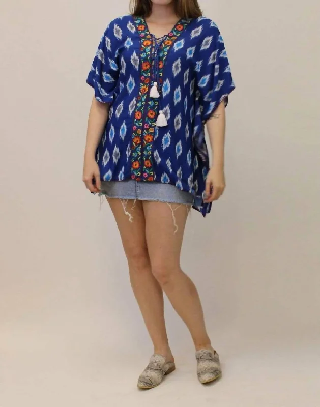 Embroidered Poncho Top In Blue