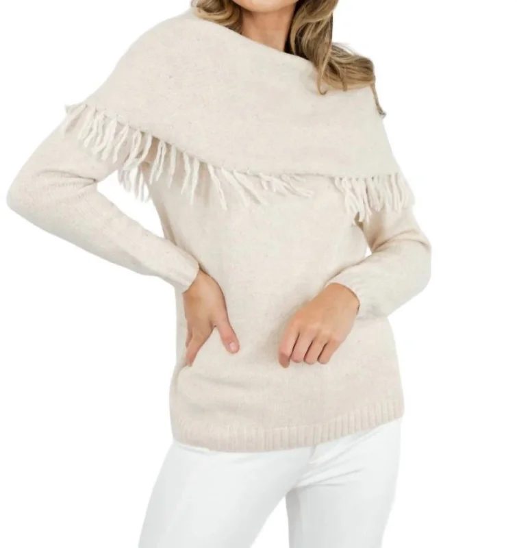 Fringed Cowl Neck Sweater In Ecru