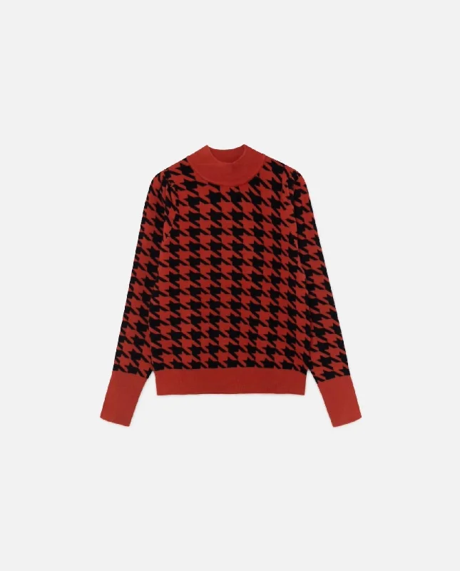 Knit Sweater In Red Houndstooth Print