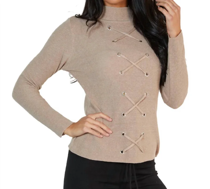 Lace Up Mock Neck Top In Sand