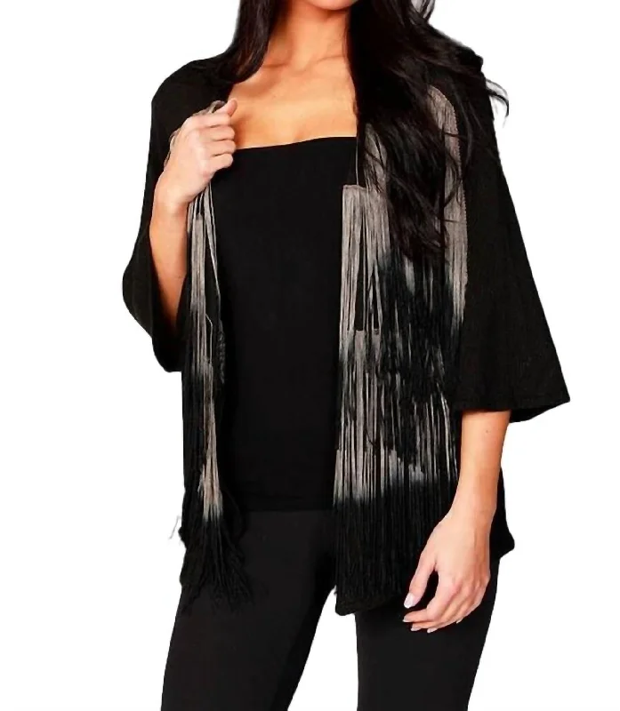 Layered Fringe Cardigan In Black/taupe