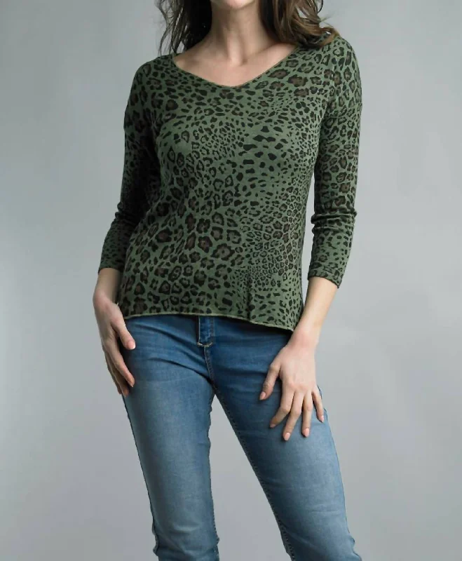 Leopard Print V Neck Sweater In Olive