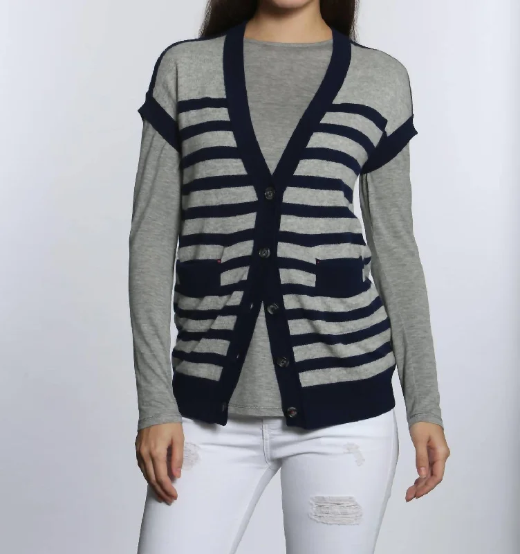 Luxe Striped Cardigan In Grey/navy