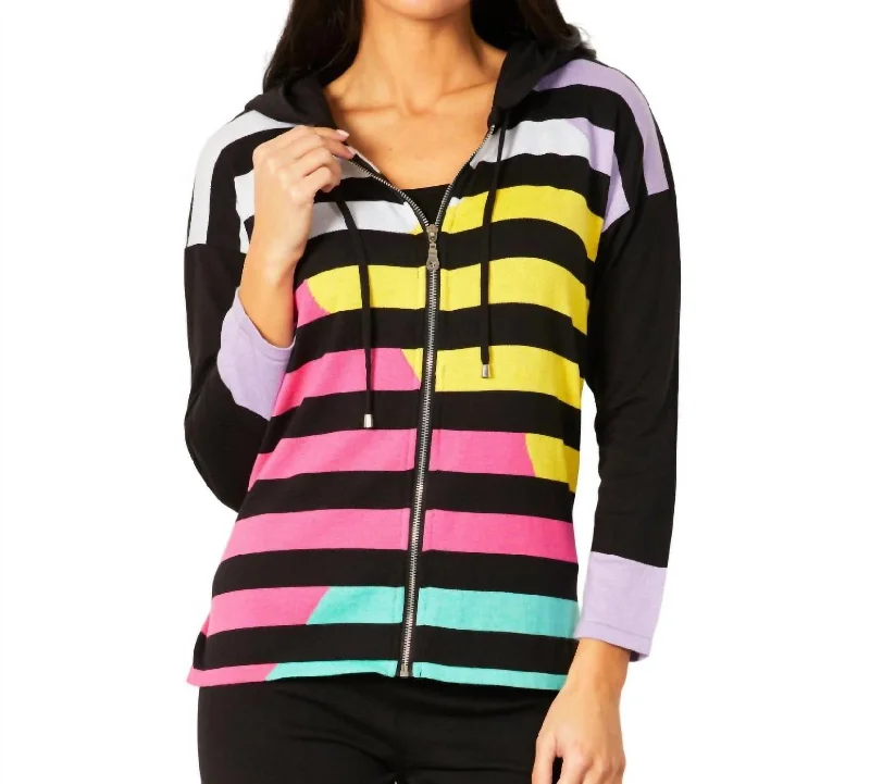 Multi Stripe Zip Up Hoodie In Black