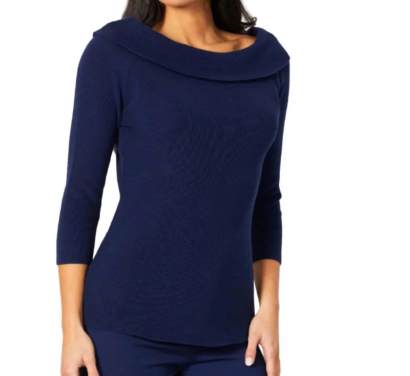 Off The Shoulder Ribbed Detail Top In Navy