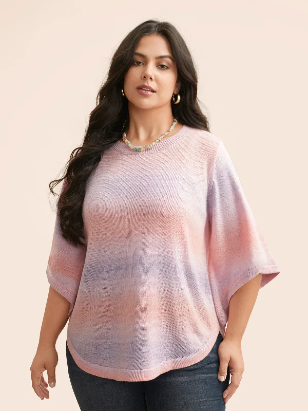 Ombre Round Neck Curved Hem Pullover