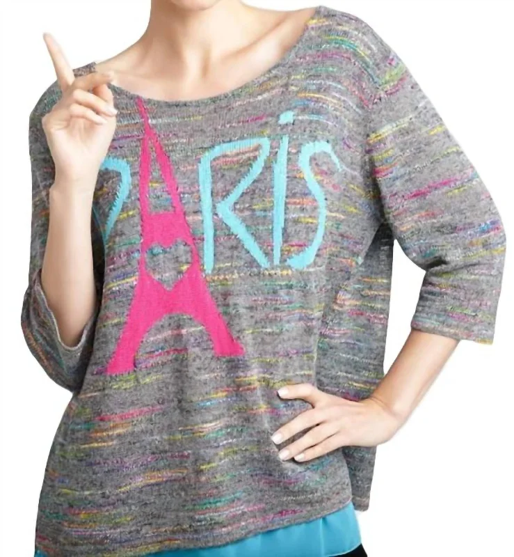 Paris Melange Back Button Sweater In Gray Multi