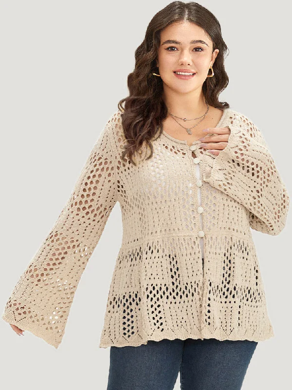 Plain Hollow Out Button Through Bell Sleeve Cardigan