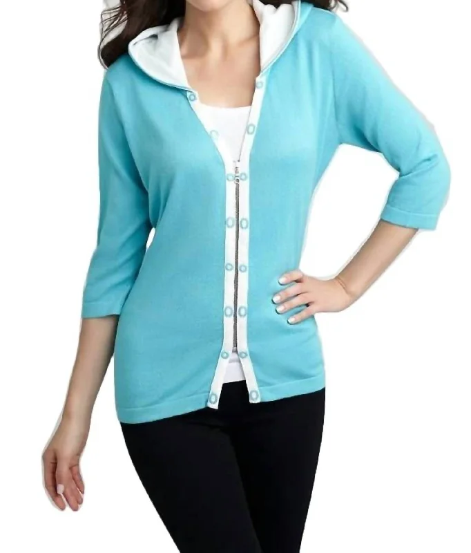 Rivet Hooded Knit Cardigan In Turquoise/white