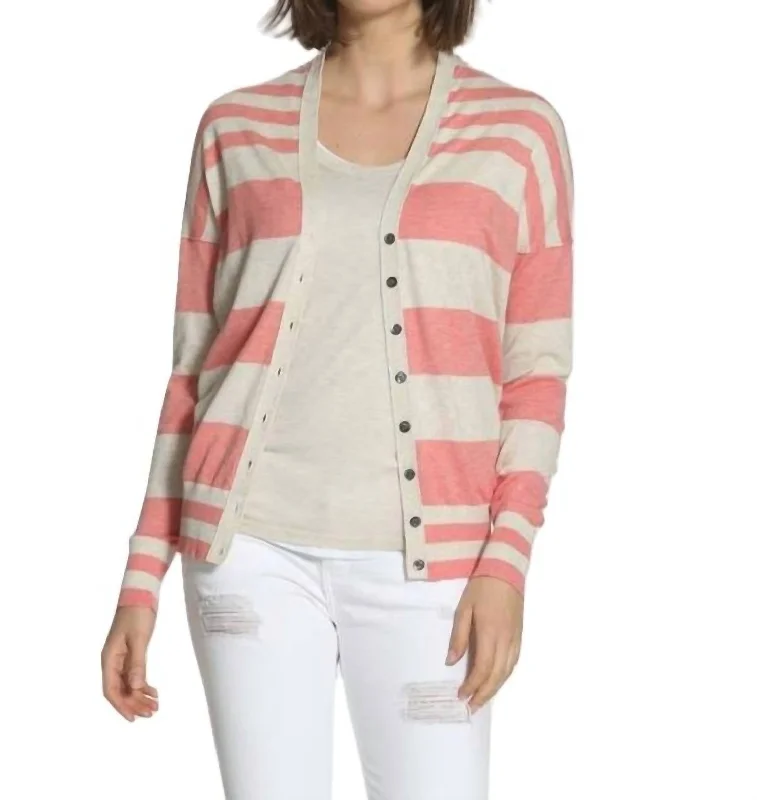 Striped Cotton Cardigan In Coral/ecru