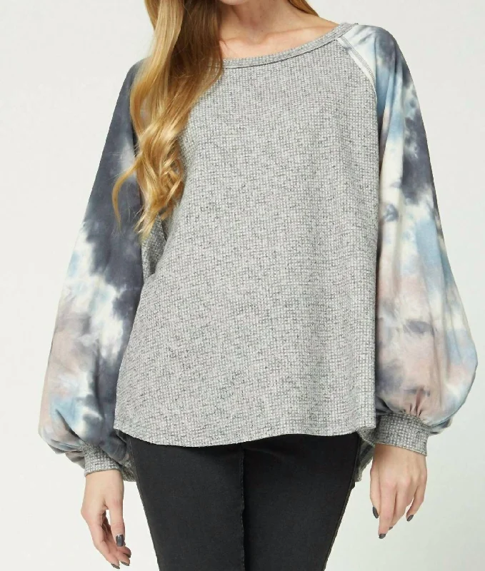 Tie Dye Puffy Sleeve Top In Charcoal