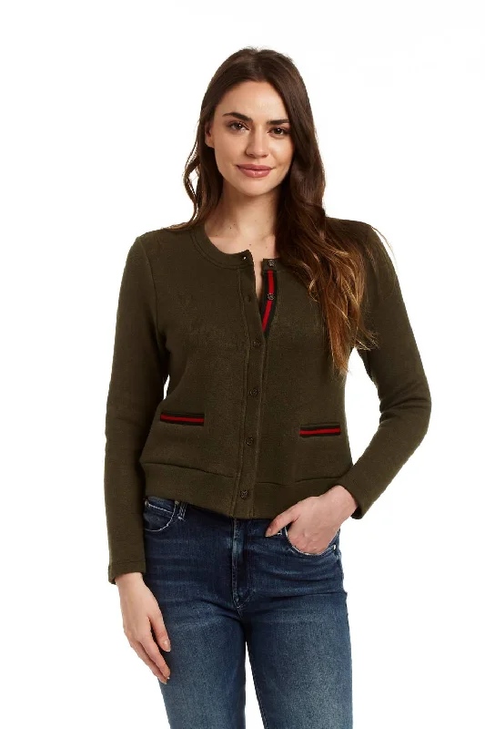 Tracy Ribbon Trim Cardigan In Army