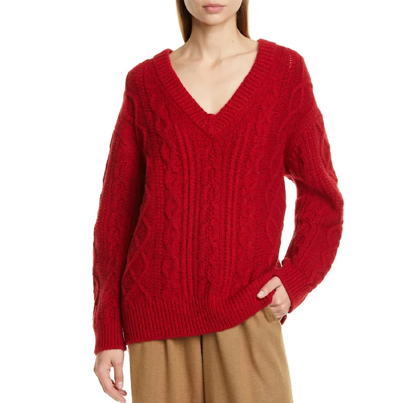 V Neck Cable Knit Sweater In Cherry