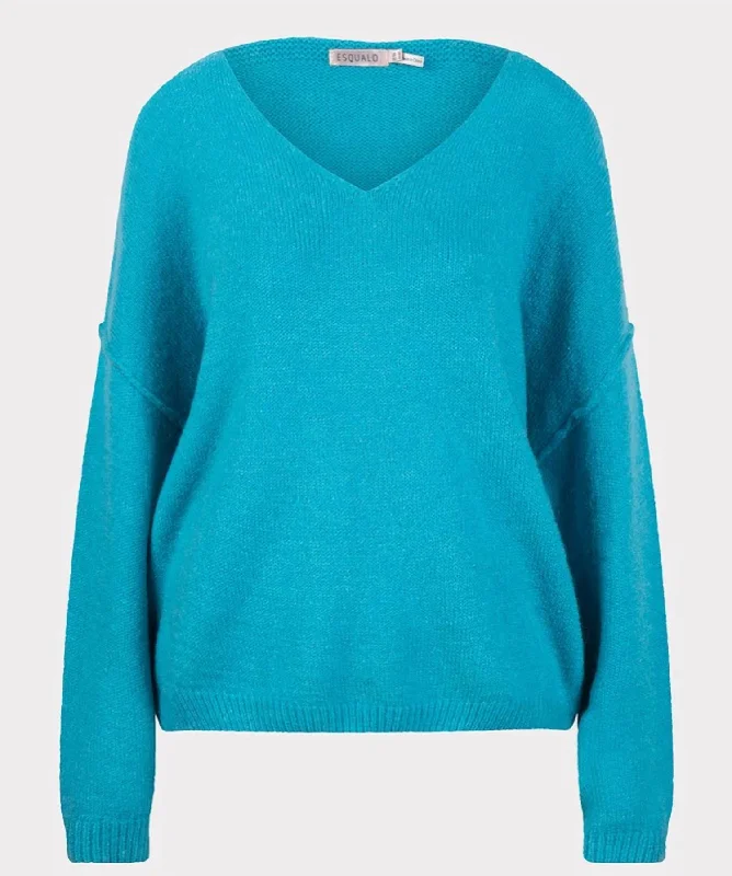 V Neck Sweater In Peacock Blue