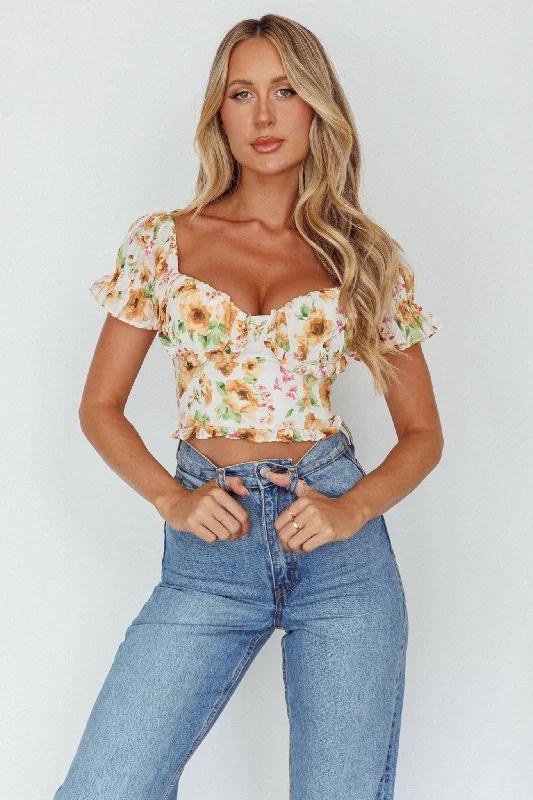 Besito Puff Sleeve Crop Top Floral White/Yellow