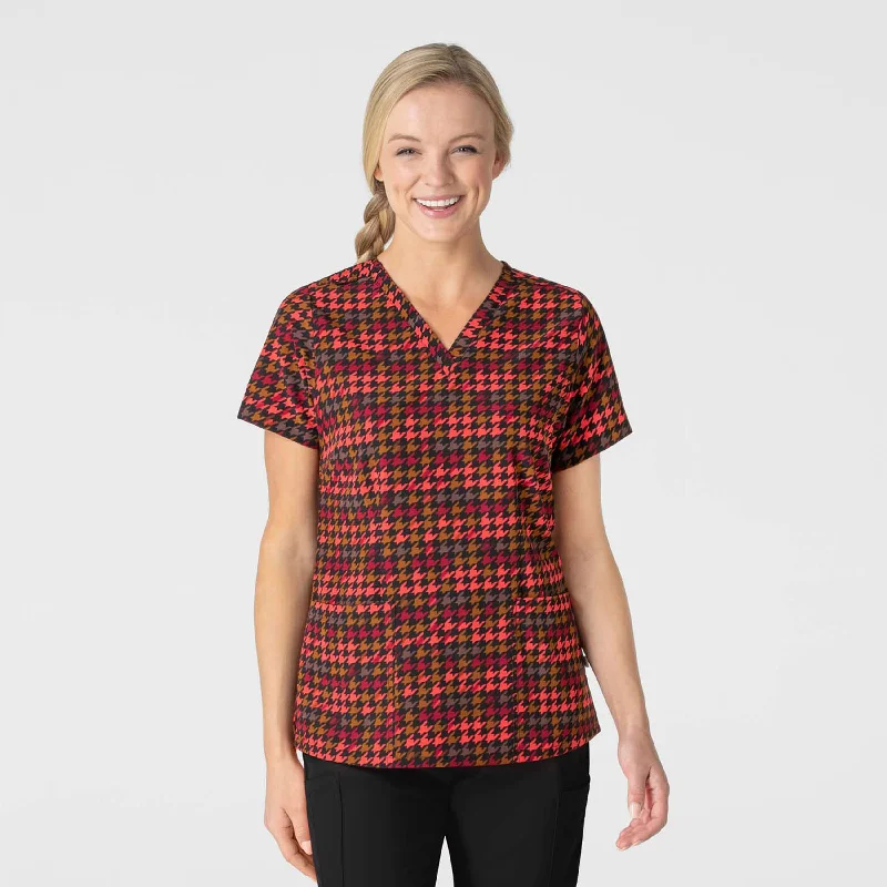 Women's Fitted 3-Pocket V-Neck Print Scrub Top - Houndstooth Hollow