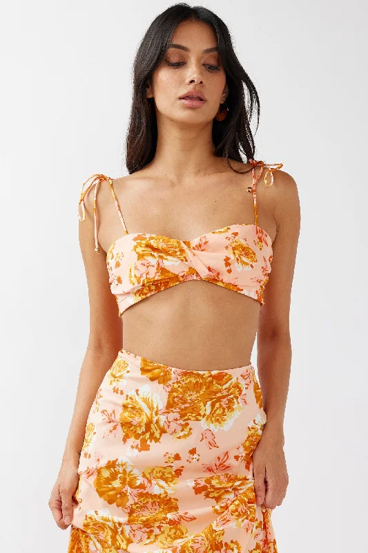 Gabbi Tied Shoulder Crop Top Floral Orange