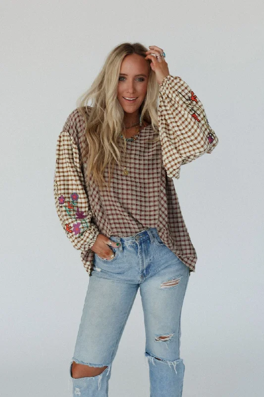 Homestead Plaid Floral Top - Mushroom