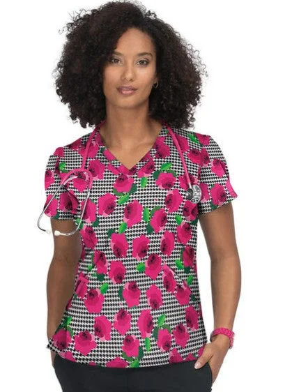 koi Women's Doll Houndstooth Rose Scrub Top