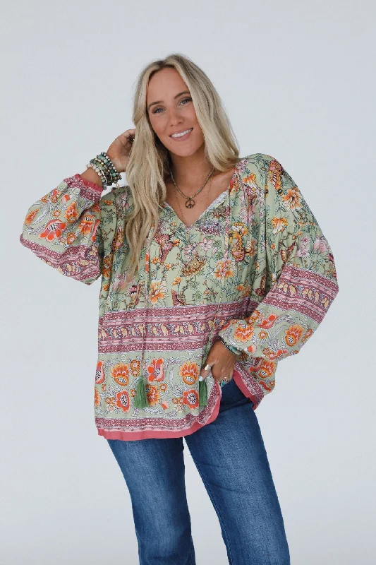 The Nest Lani Border Print Top - Sage