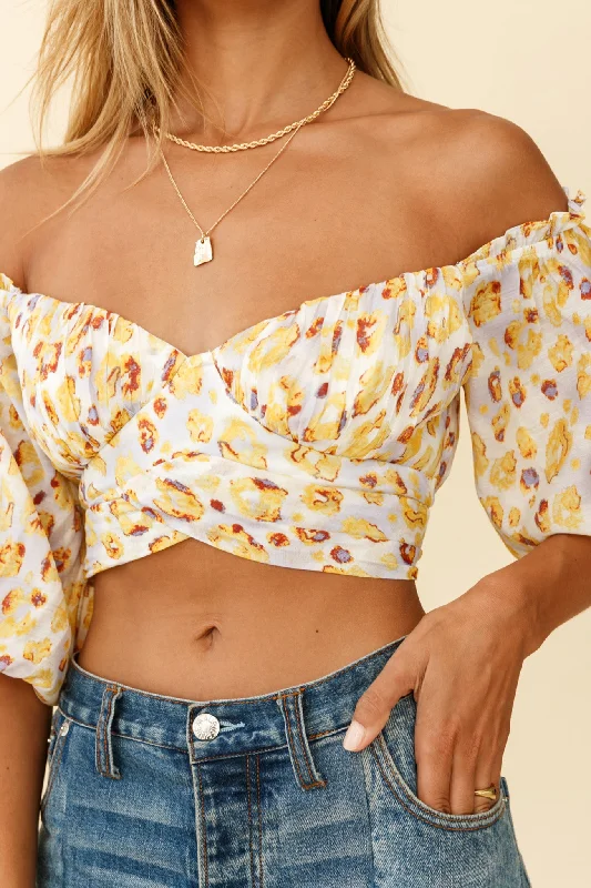 Linka Off-Shoulder Tie-Back Crop Top Leopard Print Yellow