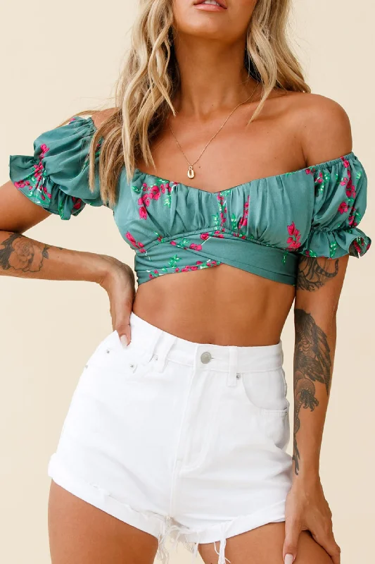 Linka Off-Shoulder Tie-Back Crop Top Pink Floral Print Sage