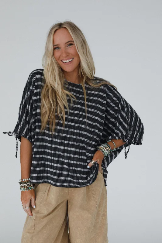 The Nest Little Lark Striped Puff Sleeve Tee - Charcoal