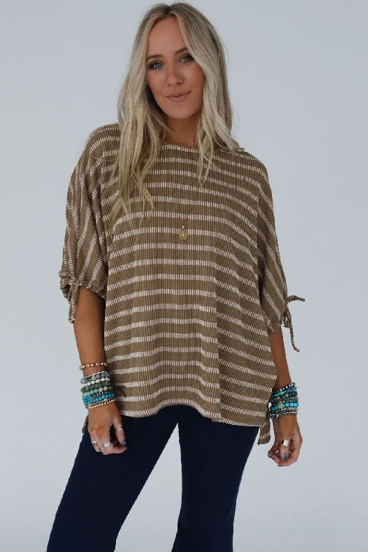 The Nest Little Lark Striped Puff Sleeve Tee - Khaki