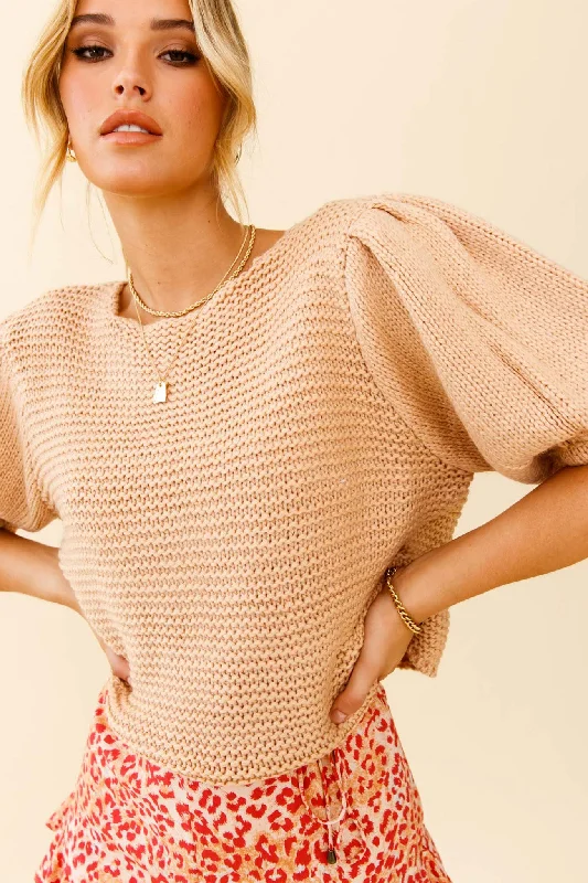 Marla Puff Sleeve Chunky Knit Top Beige