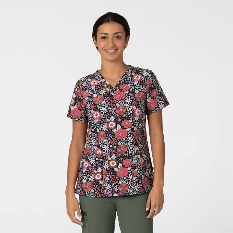 Women's Fitted 3-Pocket V-Neck Print Scrub Top - Twilight Petals